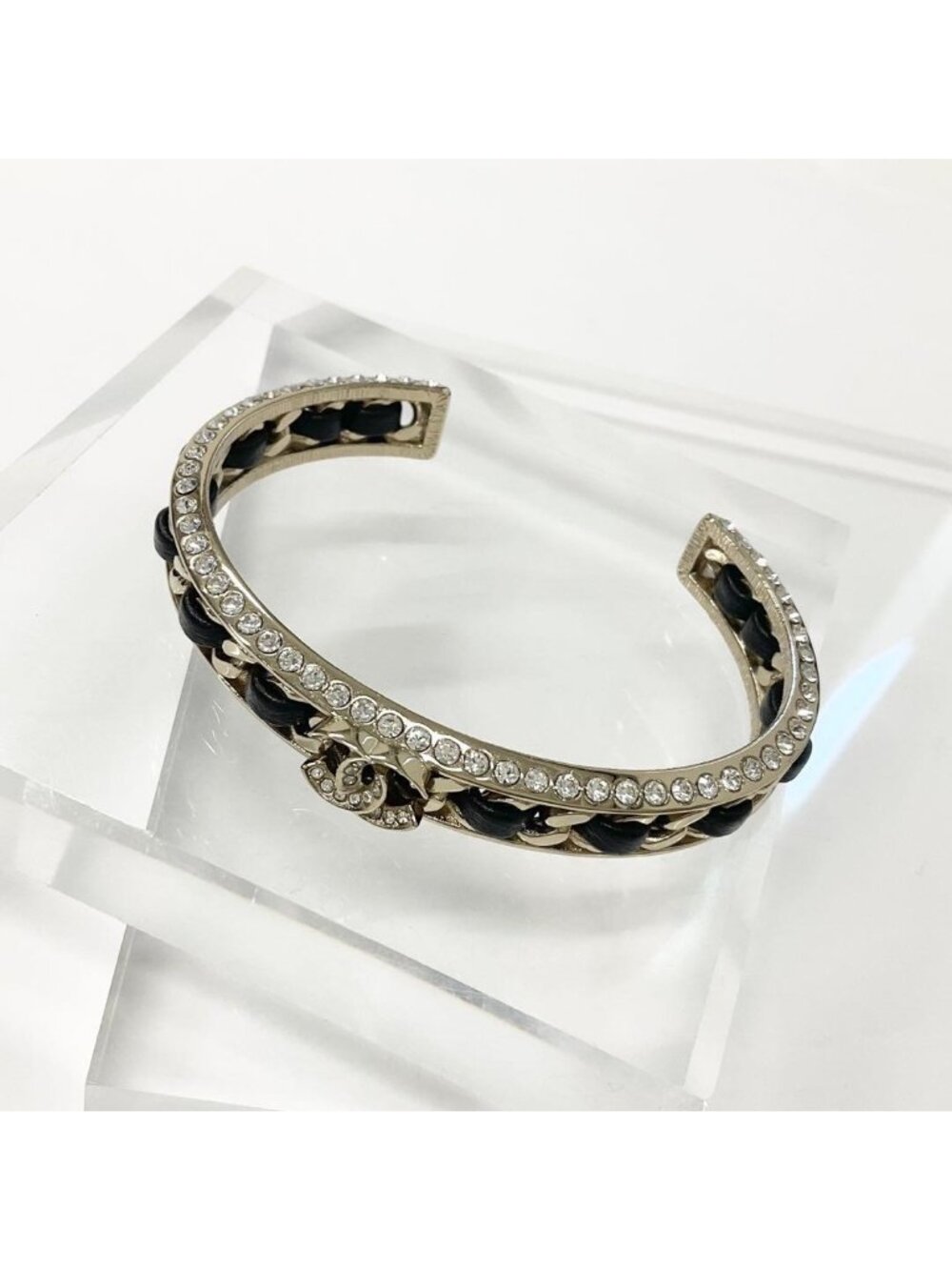Chanel CC Logo Bangle Rhinestone Leather Bracelet Gold